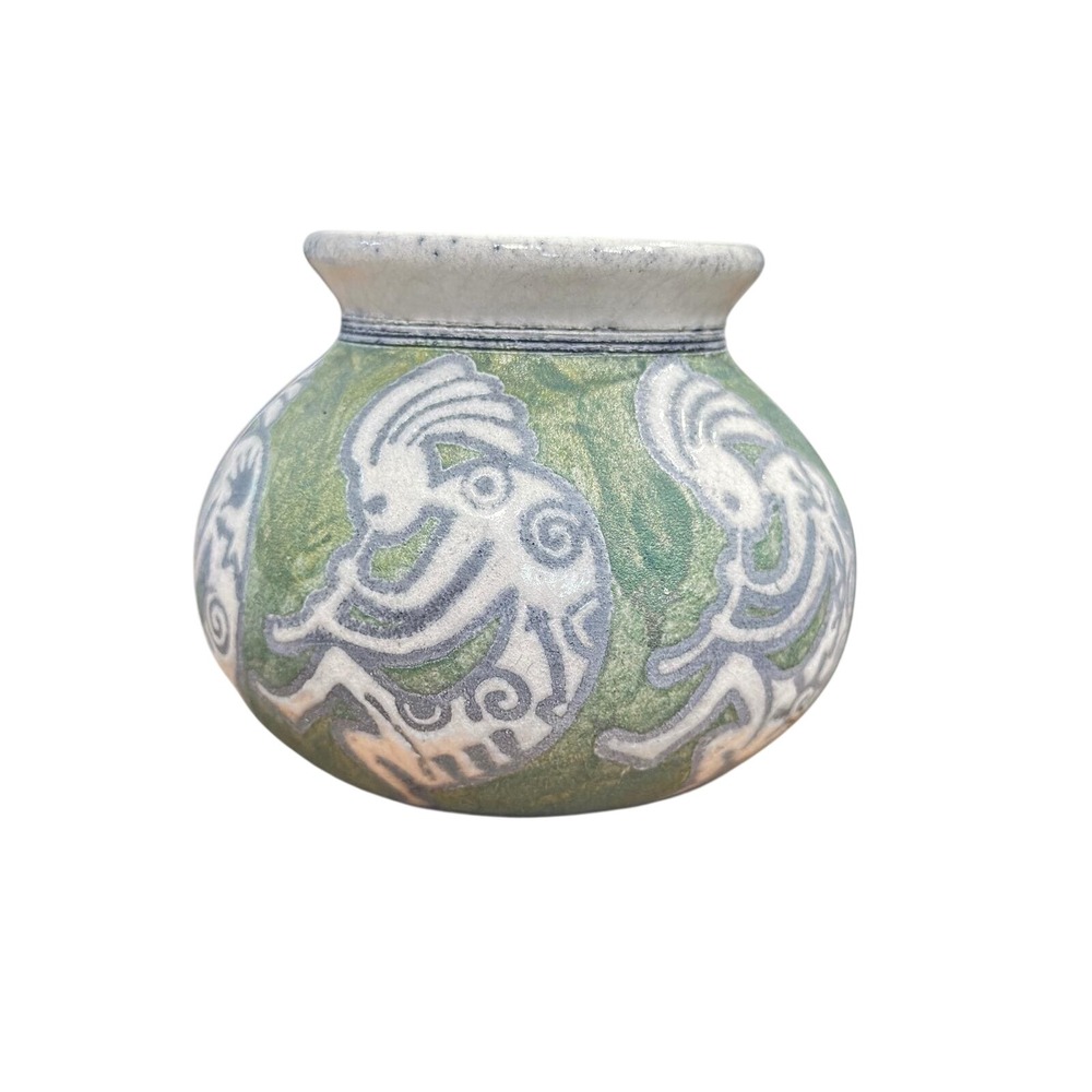 Jeremy Diller Signed Studio Art Pottery Vase Kokopelli Green Southwest "As Is"